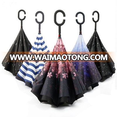 Creative Beautiful Printing and Pure-color Reverse Umbrella With C Handle